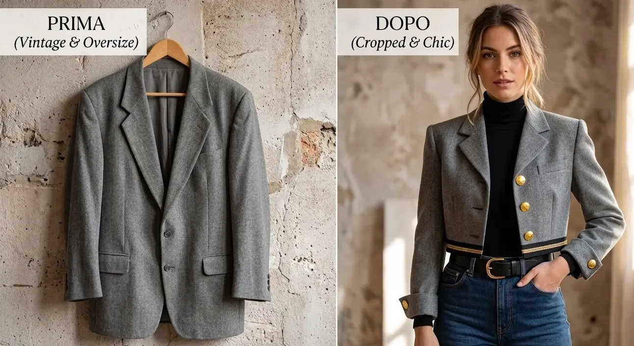 Confronto prima e dopo di un vecchio blazer grigio oversize trasformato in una giacca corta chic con bottoni dorati tramite riciclo creativo.