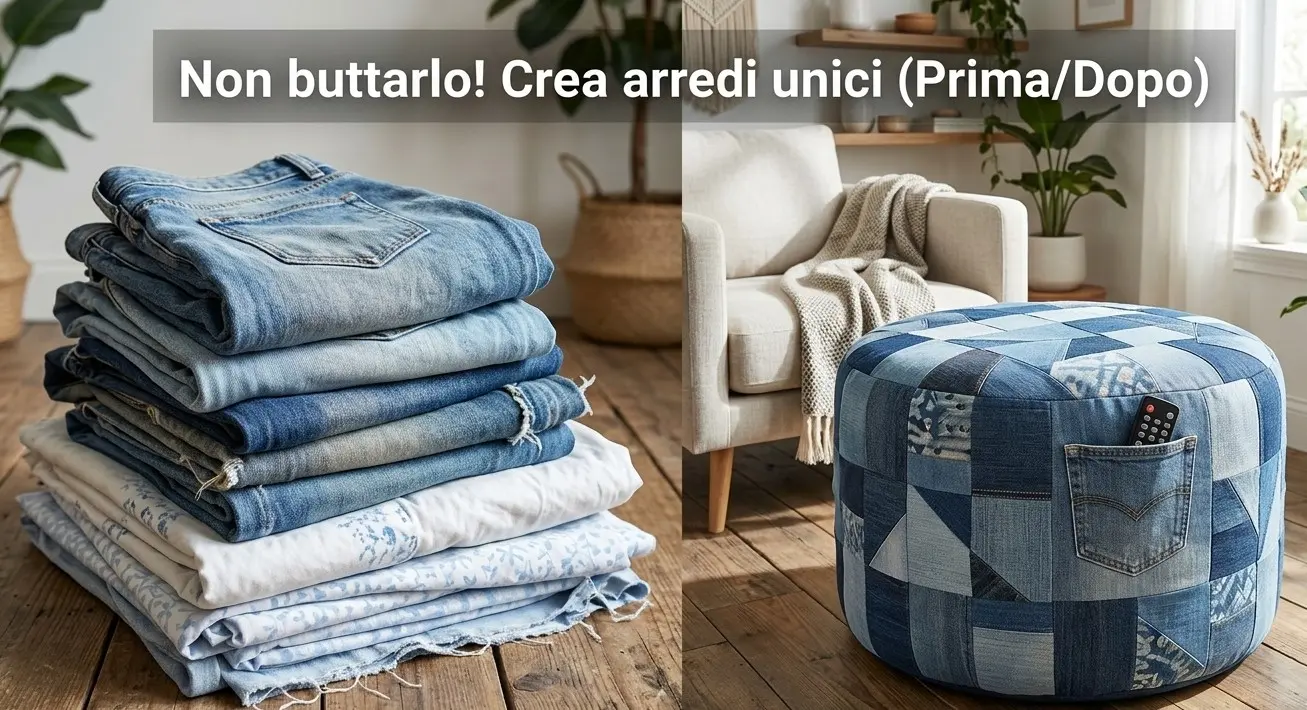 Trasformazione di vecchi jeans e lenzuola in un pouf patchwork di design - Esempio di riciclo creativo prima e dopo.