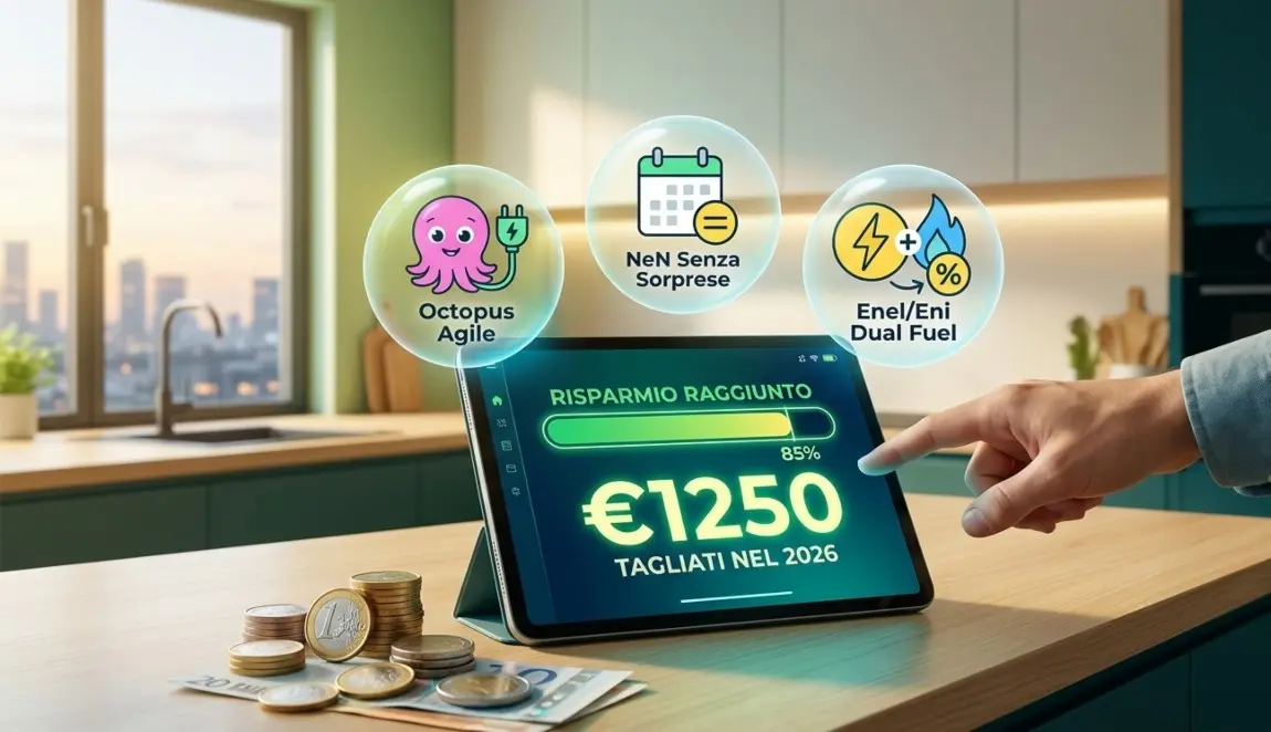 Persona che utilizza un tablet in cucina per monitorare il risparmio di 1250 euro sulle bollette 2026, con icone di Octopus, NeN ed Enel Plenitude per il mercato libero.