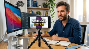 Uomo seduto alla scrivania che utilizza un vecchio smartphone come monitor PC secondario e un altro smartphone vecchio fissato al muro come telecamera di sicurezza domestica. Esempio di riciclo creativo tecnologico.