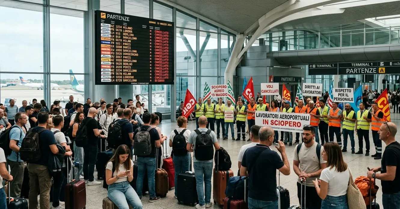 Tabellone delle partenze in un aeroporto affollato con scritte "Cancellato" per sciopero aereo.