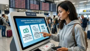 Viaggiatrice in aeroporto consulta un terminale interattivo che mostra le tre opzioni di scelta per volo cancellato a causa di sciopero: rimborso totale, riprotezione o cambio data.