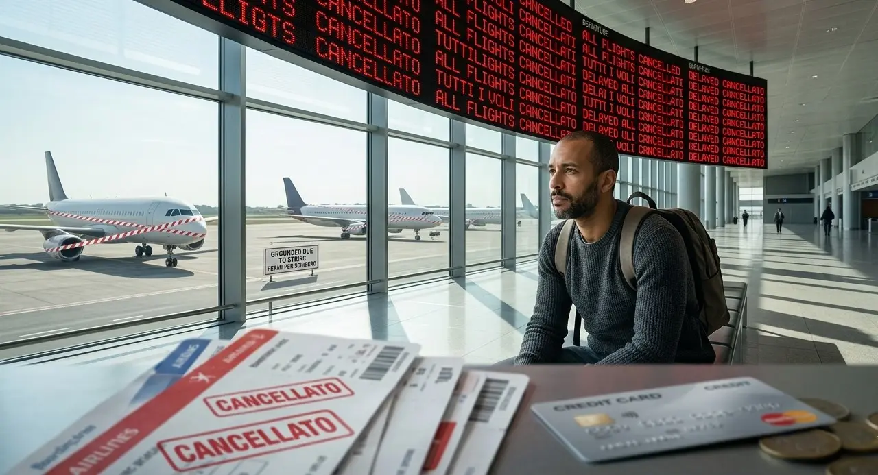 Primo piano di biglietti aerei con timbro rosso Cancellato, carta di credito e monete su un bancone d'aeroporto con aerei fermi in pista per sciopero sullo sfondo.