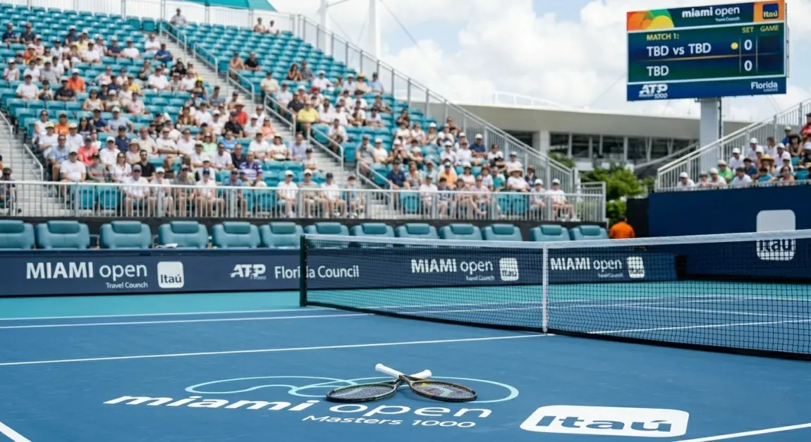 Un tennista impegnato in un colpo dinamico durante il torneo Masters 1000 Miami Open 2026 all'Hard Rock Stadium.