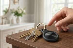 Mano che tocca uno smart tracker nero impermeabile agganciato a un mazzo di chiavi su un tavolo di legno in una stanza moderna.