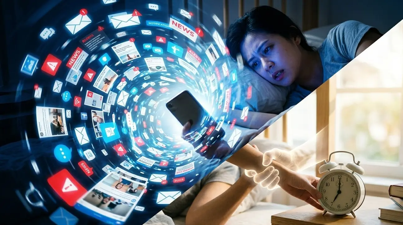 Immagine in evidenza split-screen: persona a letto attratta dal vortice caotico di notifiche dello smartphone (blu, stress) vs. persona calma a letto con un libro e luce solare (oro, serenità, micro-reset). alt="Stop dipendenza smartphone al risveglio con il metodo micro-reset.