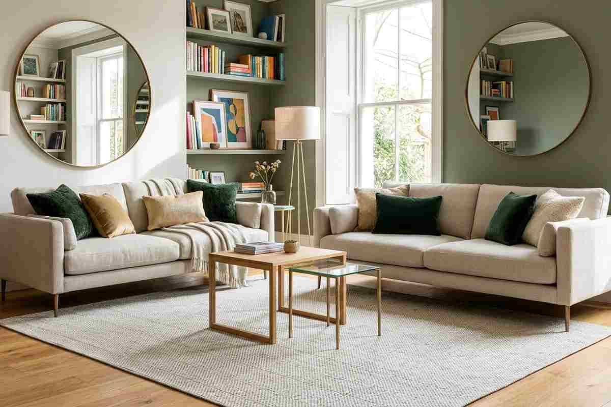 Arredamento moderno soggiorno piccolo con specchi circolari e pareti verde salvia per grande stile.