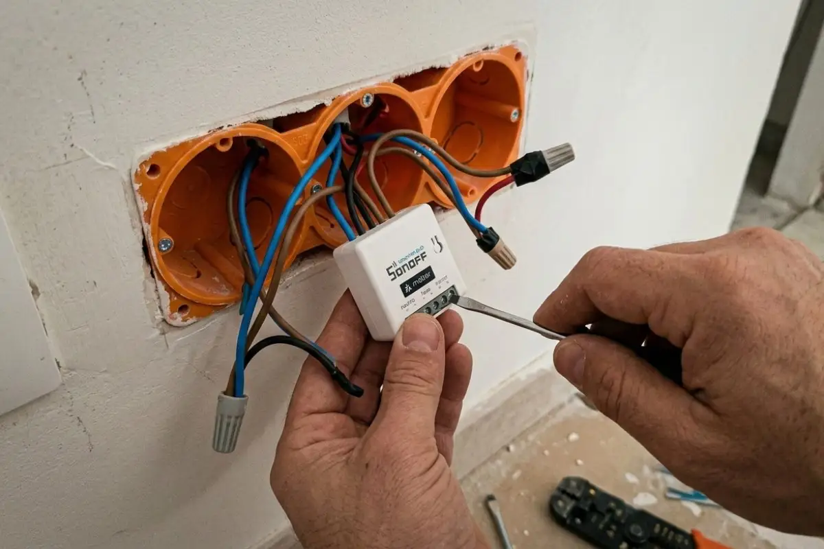 Installazione fai-da-te del Sonoff MINI DUO Matter in una cassetta 503 con collegamento dei cavi elettrici.