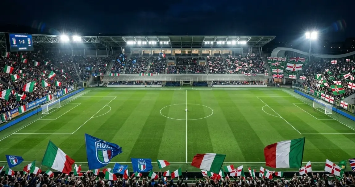 Stadio gremito con bandiere dell'Italia e dell'Irlanda del Nord per la partita dei playoff mondiali 2026