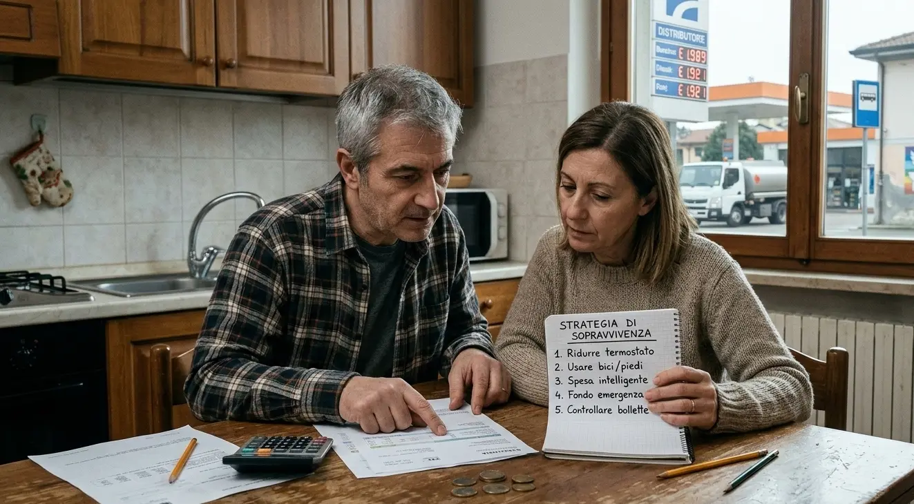 Coppia in cucina che analizza bollette e piano di risparmio energetico con calcolatrice ed appunti, con distributore di benzina visibile dalla finestra