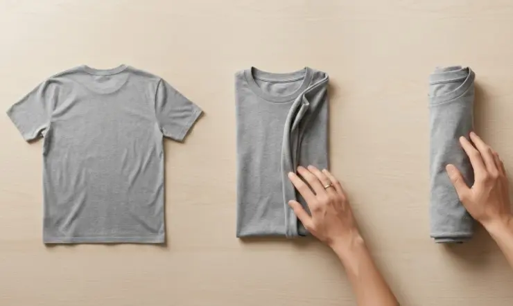 Infografica che mostra i tre passaggi per arrotolare una t-shirt grigia con la tecnica del soft-rolling per evitare pieghe nell'armadio.