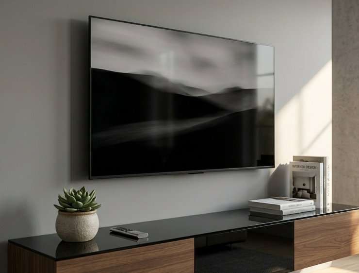 Close-up di una Smart TV a parete in Modalità Art, che mostra un quadro minimalista con riflessi dorati sopra un mobile in vetro nero temperato pulito e ordinato.