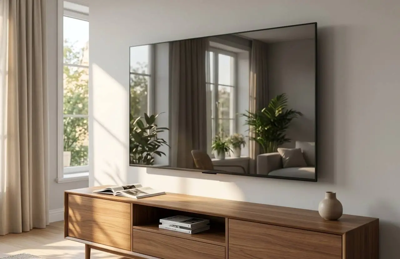 Smart TV a parete in un salotto luminoso che riflette la luce naturale e le piante, senza cavi a vista, stile Black Mirror Design.