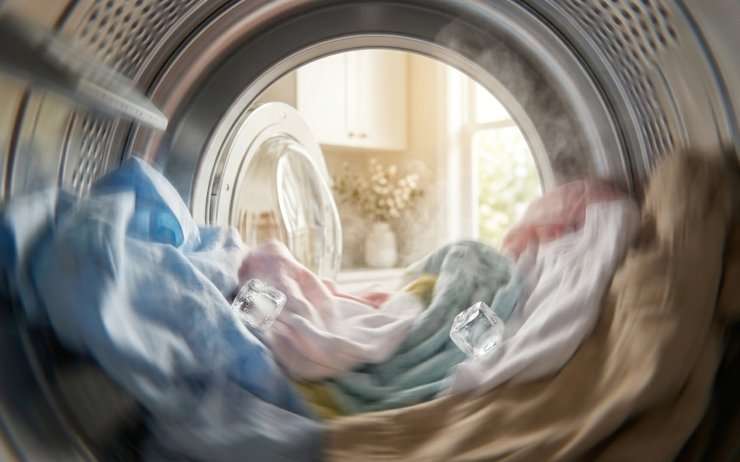 Dettaglio interno del cestello dell'asciugatrice in movimento con cubetti di ghiaccio che creano vapore tra i panni.