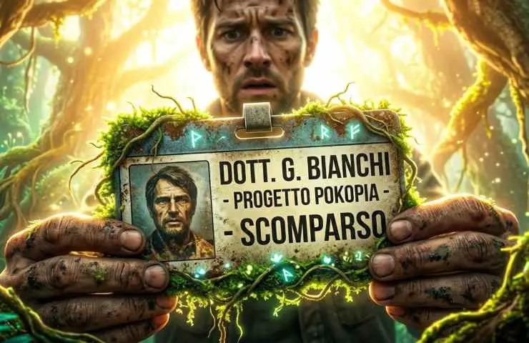 Ritrovamento del tesserino identificativo del Dott. Bianchi, scomparso nel misterioso Progetto Pokopia in una giungla bioluminescente.