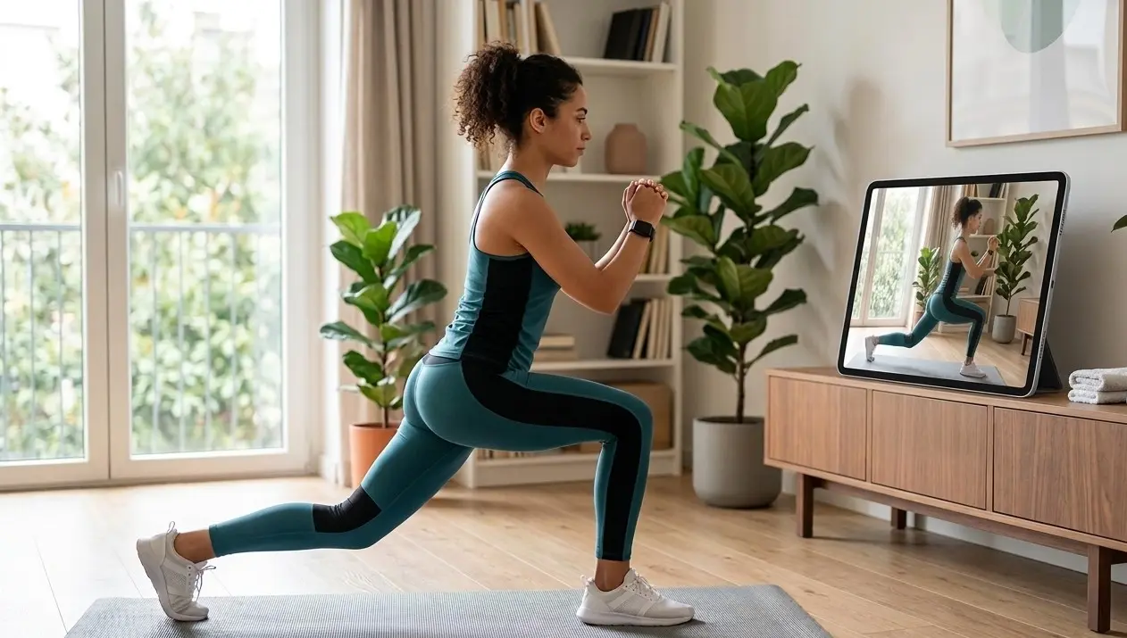 Donna che pratica fitness in un salotto moderno seguendo un tutorial su tablet per rimettersi in forma nel 2026.