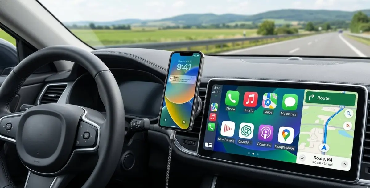 Schermata di Apple CarPlay su un'auto moderna che mostra l'icona dell'app ChatGPT e Google Maps, con un iPhone collegato su un supporto. Contesto della guida assistita da IA.