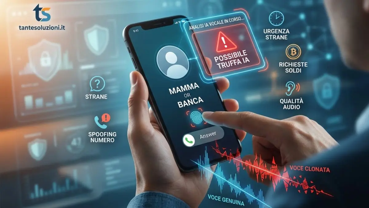 Illustrazione di una chiamata truffa rilevata da IA: uno smartphone mostra un avviso 'POSSIBILE TRUFFA IA' mentre analizza l'audio di un deepfake vocale che finge di essere 'MAMMA' o 'BANCA'.