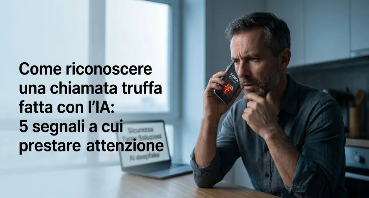 Uomo sospettoso riceve una chiamata fraudolenta da una falsa banca clonata con intelligenza artificiale