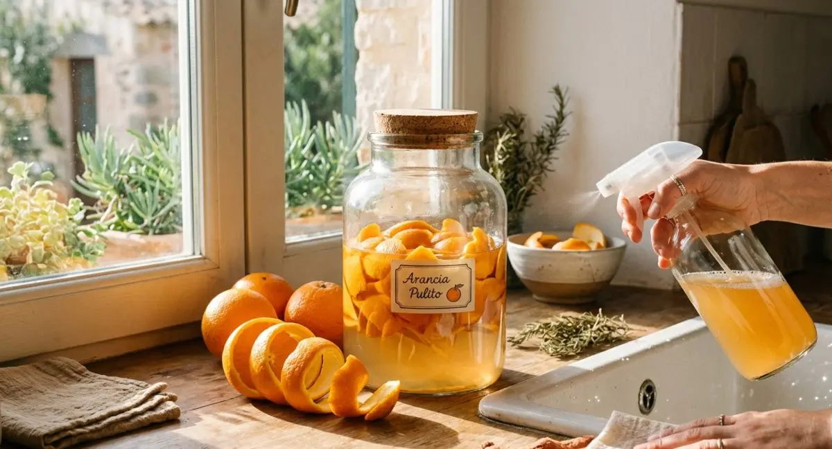 Donna che pulisce la cucina utilizzando uno spray naturale alle bucce d'arancia e aceto, accanto a un barattolo di vetro con scorze in infusione.
