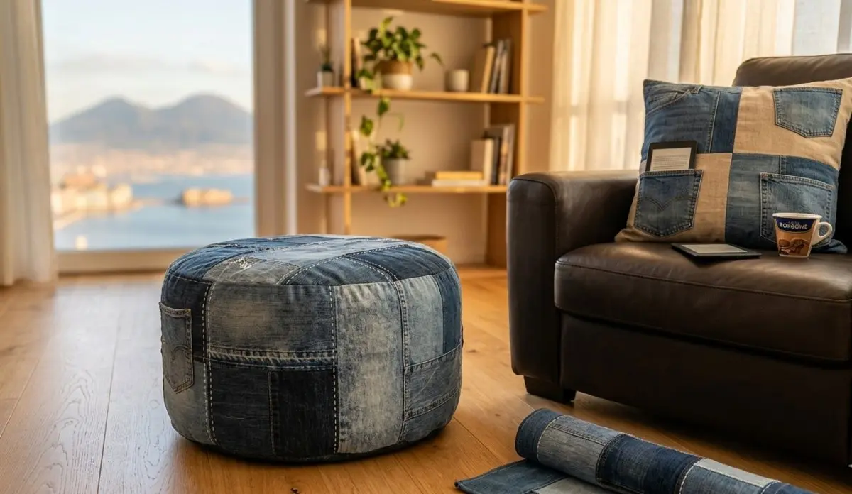 Esempi di riciclo creativo denim: pouf patchwork e cuscino realizzati con vecchi jeans in un salotto moderno.