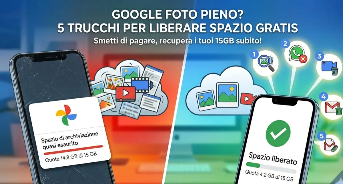 Infografica che mostra come liberare spazio su Google Foto e pulire la memoria dello smartphone.