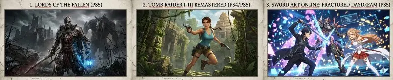 Collage dei giochi PlayStation Plus di Aprile 2026: Lords of the Fallen, Tomb Raider I-III Remastered e Sword Art Online Fractured Daydream.
