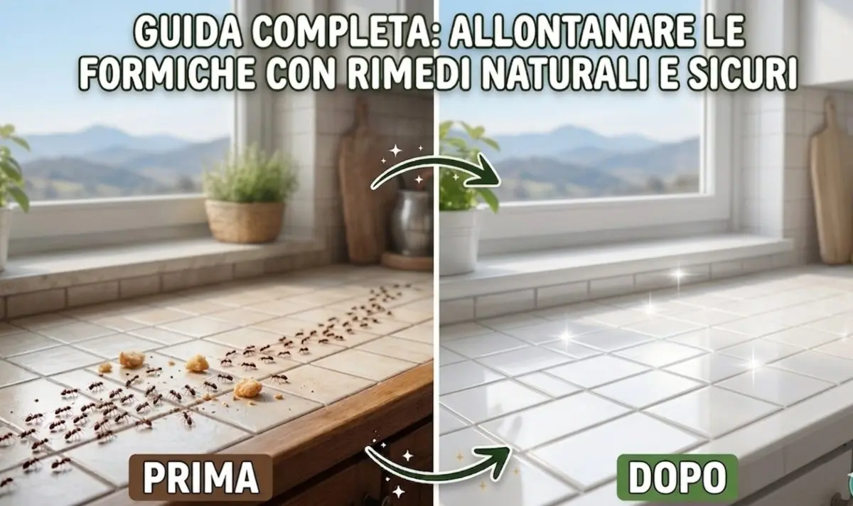 Confronto prima e dopo: ripiano della cucina con invasione di formiche e molliche rispetto a un piano pulito e brillante dopo l'uso di rimedi naturali.