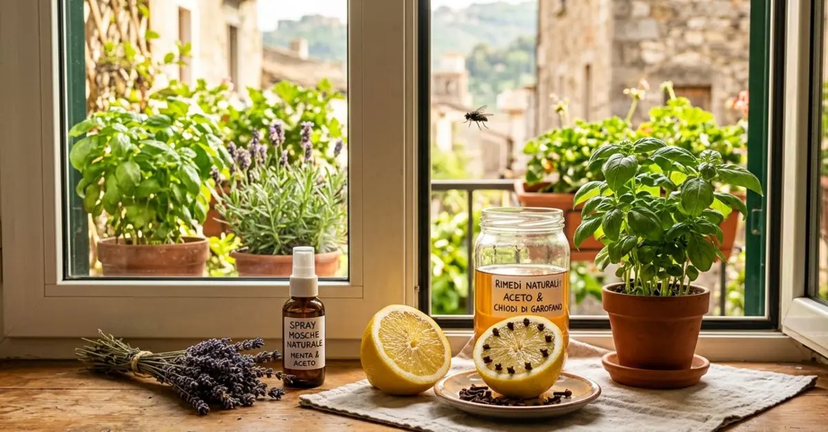 Composizione di rimedi naturali per allontanare le mosche: limone con chiodi di garofano, basilico e lavanda sul davanzale.