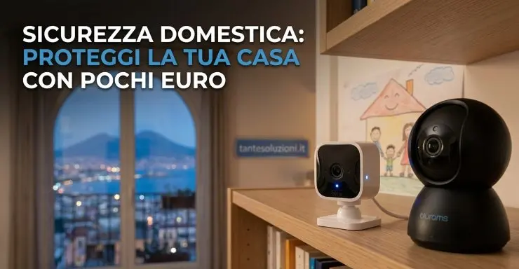 Videocamere di sicurezza Blink Mini 2 e Blurams 2K su uno scaffale in un interno domestico italiano con vista su Napoli.