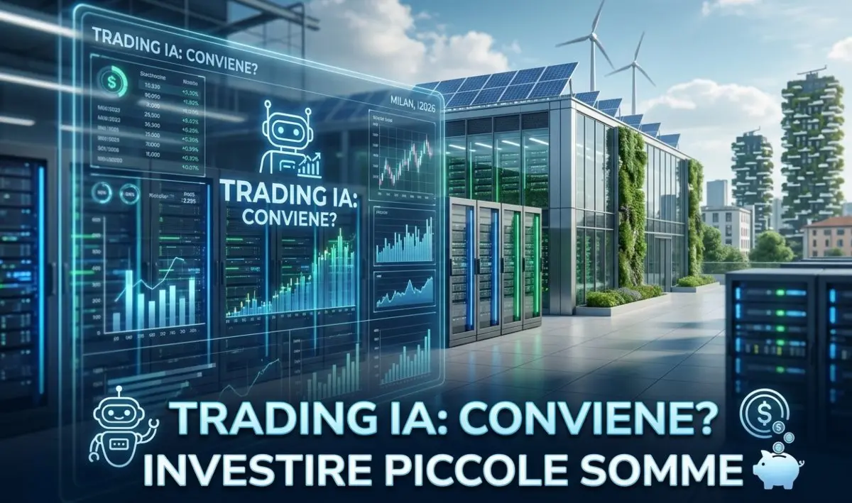 Dashboard digitale per il trading con IA sovrapposta a un data center europeo ecosostenibile a Milano nel 2026.