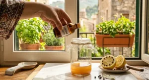 Procedura per creare una trappola naturale per mosche con barattolo di vetro, aceto di mele e sapone per piatti.