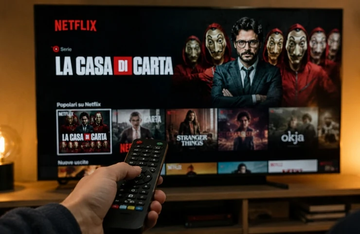 Persona guarda La Casa di Carta su Netflix in TV con telecomando e schermata della nuova serie Berlino.