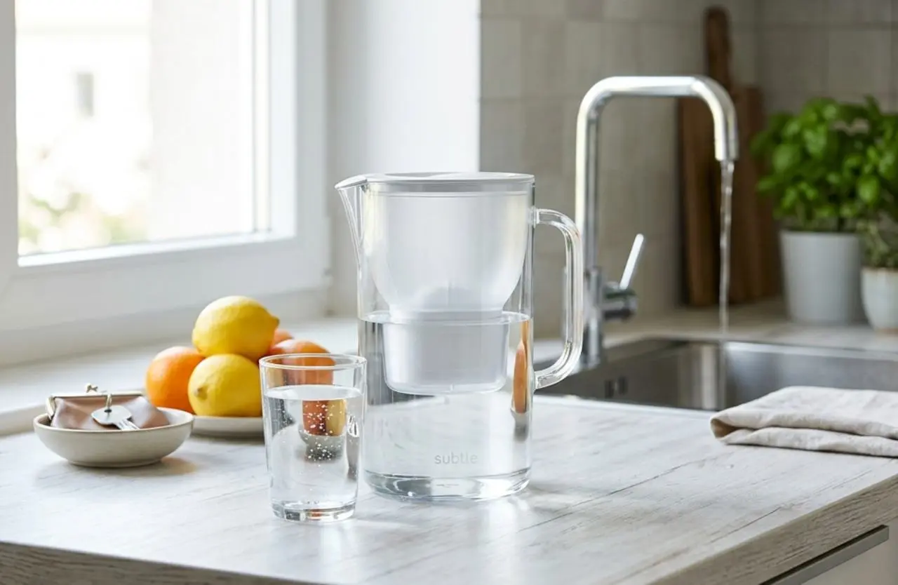 caraffa filtrante trasparente piena d'acqua, posizionata accanto a un bicchiere pronto per essere riempito