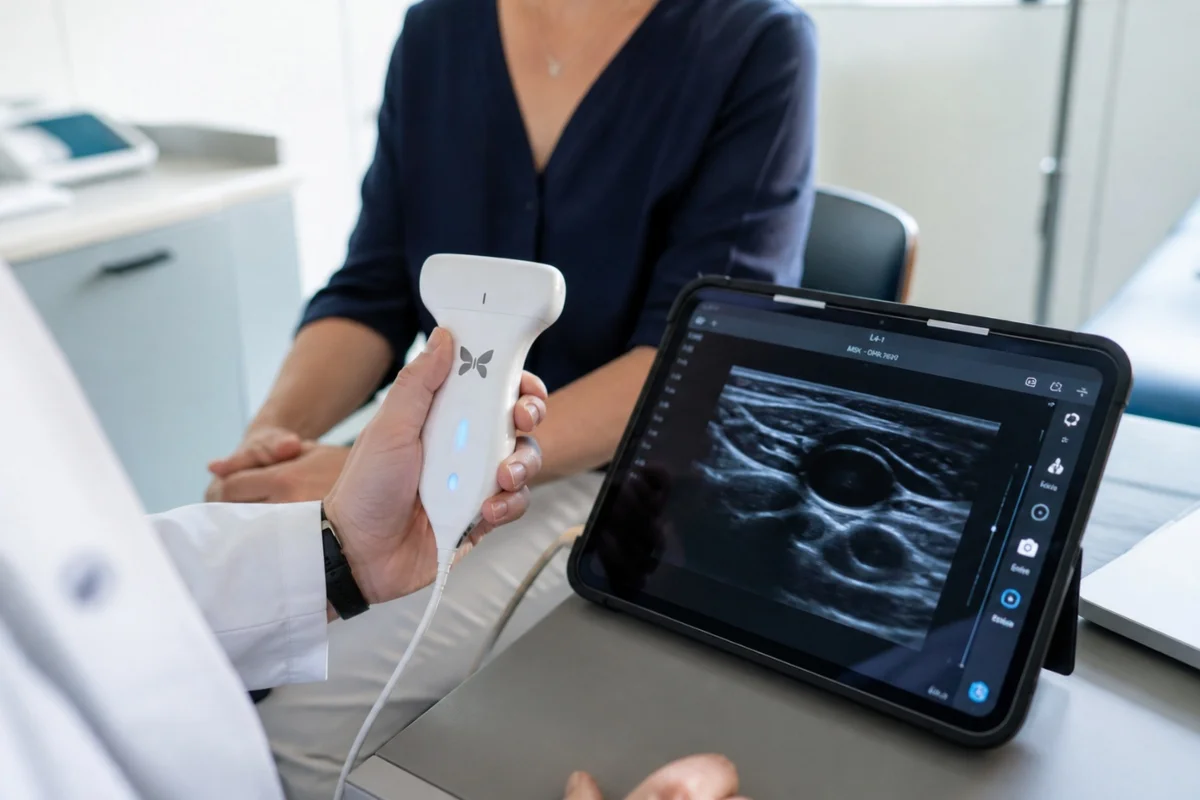 Ecografia in studio dal medico di famiglia con dispositivo portatile e tablet, diagnostica immediata senza ospedale.