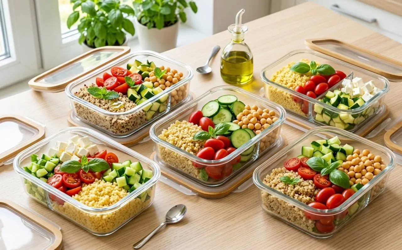 Cinque contenitori salvafreschezza in vetro con couscous, pomodorini, ceci e cetrioli per il meal prep estivo.