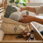 Una persona organizza il cambio armadio inserendo un maglione avvolto in carta velina dentro un sacchetto di cotone salvaspazio, vicino a boccette di olio essenziale alla lavanda e cubetti in legno di cedro.